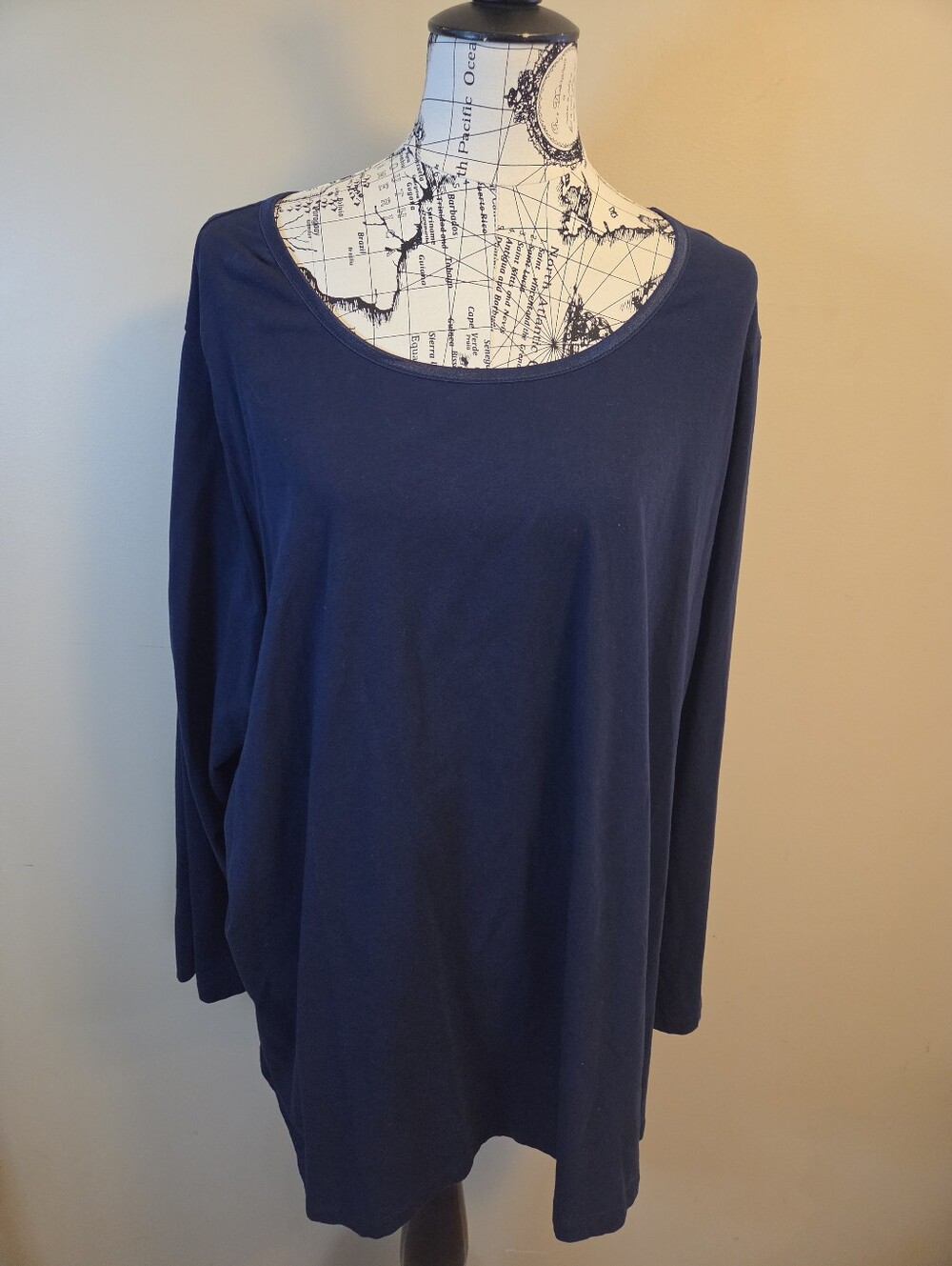 Catherines Suprema 3X Plus Size Navy Blue Long Sleeve Stretch Tunic Top Blouse